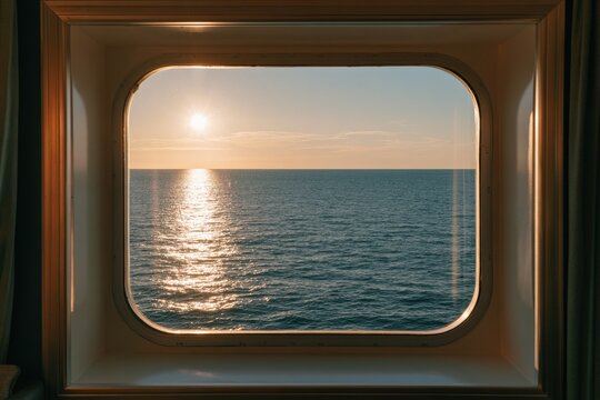 View of ocean sunset through a ship's porthole window