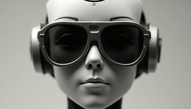 Minimalist black and white portrait of humanoid female robot wearing futuristic sunglasses and headphones. AI music, metaverse and futuristic audio technology