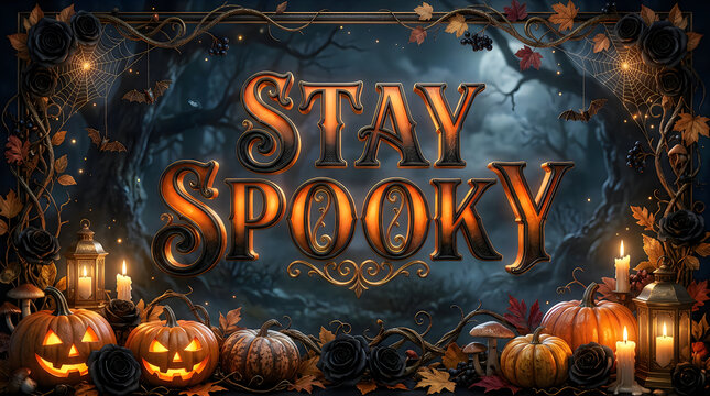 Stay spooky Halloween typography poster with orange jack o lanterns and black roses in misty forest background.