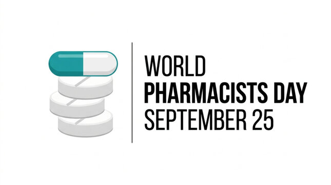 Minimalist World Pharmacists Day logo layout with tablet stack and capsule icon on white background