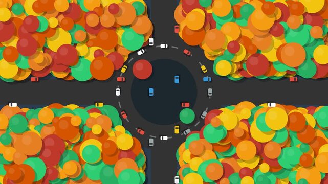 Stylized top down city traffic roundabout animation with colorful autumn trees and miniature cars