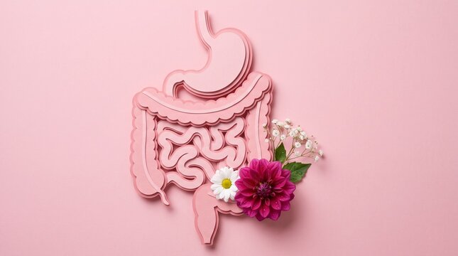 Pink human digestive system model with flowers, anatomical gut health concept, medical illustration of stomach and intestines