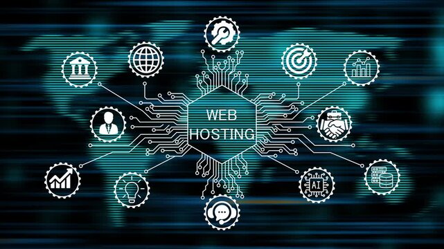 web hosting concept animation video 4k. technology world map background   