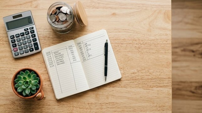 Home budget planning flat lay with calculator coins and notebook on wooden desk