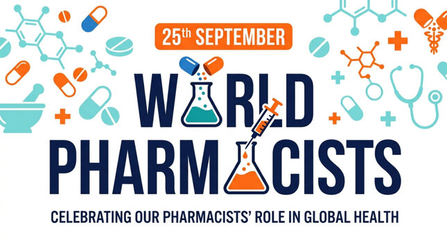 Creative World Pharmacists Day banner with chemistry flask, floating pills, and medical team characters