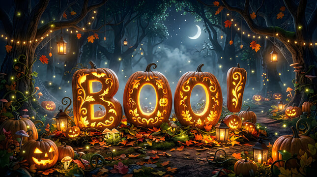 halloween boo word made of glowing jack o lanterns in mystical enchanted forest with string lights and crescent moon.