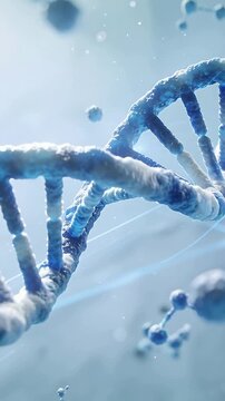 Vertical video: Rotating DNA helix revealing rungs in microscopic fluid, camera pulling back