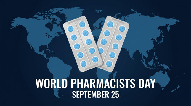 World Pharmacists Day September 25 dark blue banner with blister packs of pills over world map background
