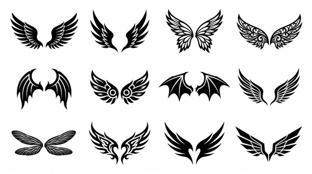 Here are some icons or types of wings that have been edited in vector silhouette form.