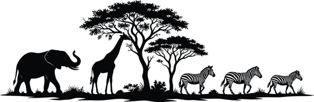 African safari animals border silhouette vector illustration with elephant and zebras