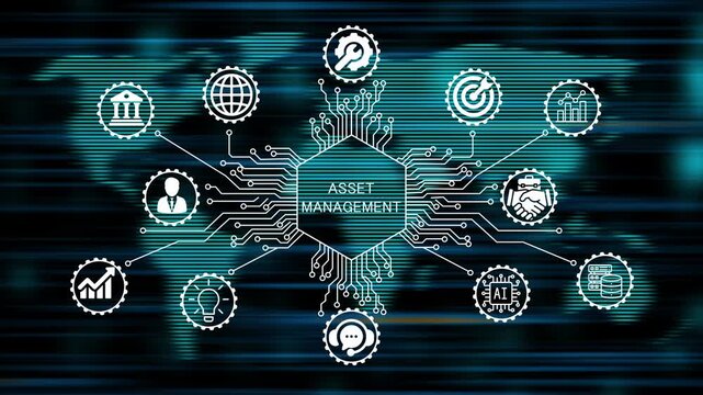 asset management concept animation video 4k. technology world map background   