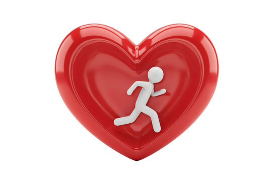 White stick figure running inside a glossy red heart shape symbol isolated on a transparent background