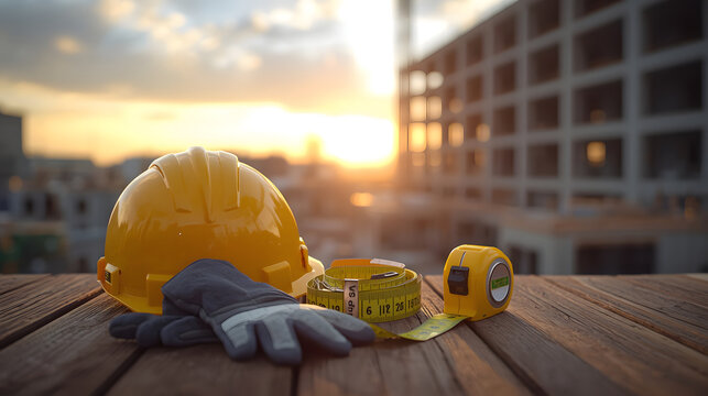 Construction Site Tools at Dusk: A close-up shot of essential construction tools&mdash;a yellow hard hat, work gloves, and measuring tape&mdash;sit on a wooden surface.