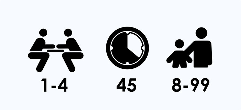 boardgame icons player count, time and age range icon set modern flat black vector