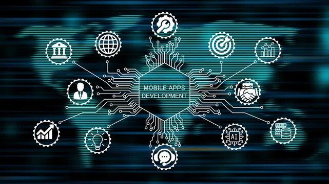 mobile apps development concept animation video 4k. technology world map background   