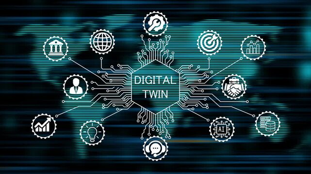 digital twin concept animation video 4k. technology world map background   