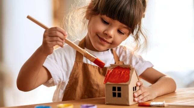 A young girl happily painting a small cardboard house with red paint at a wooden table.