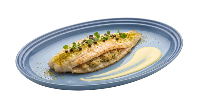 Gourmet grilled fish fillet on blue plate, roasted white fish with herbs and sauce, elegant seafood dish for restaurant menu