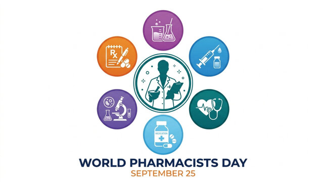 World Pharmacists Day vector illustration featuring pharmacist character and colorful medical icon wheel