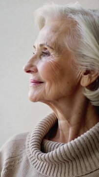 Vertical video: Opening eyes, senior woman turning head left near light wall, in beige sweater