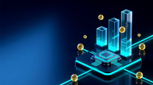 Analyzing financial market growth on 3D isometric digital economy ecosystem trading platform featuring glowing data bar charts and tech nodes angled view