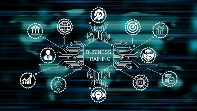 business training concept animation video 4k. technology world map background   