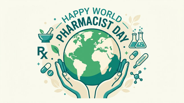 Happy World Pharmacist Day badge design with hands holding globe surrounded by mortar, flask, and leaves