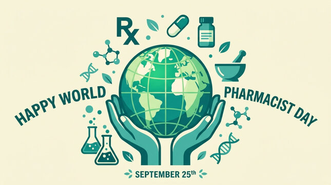 World Pharmacist Day vector badge featuring hands cradling earth globe with medical icons and leaf wreath