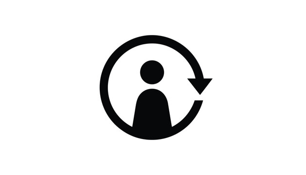 User profile icon surrounded by a circular arrow representing user rotation, change, refresh, or update process in flat black style.