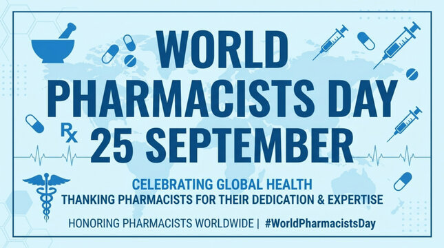 World Pharmacists Day 25 September vector banner with mortar, pestle, syringe, and heartbeat line icons