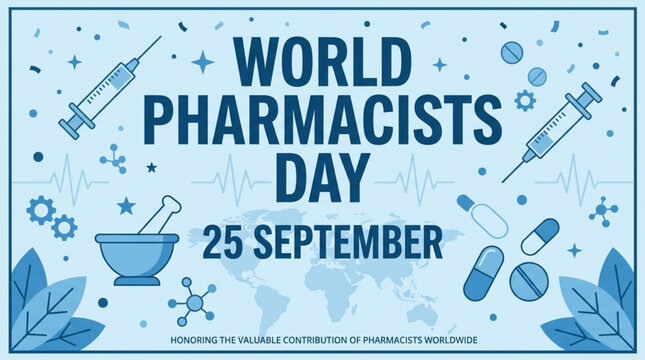 World Pharmacists Day blue frame banner celebrating global health and thanking pharmacists worldwide
