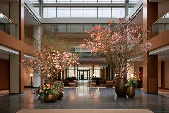 Seasonal branch floral installation in luxury hotel atrium