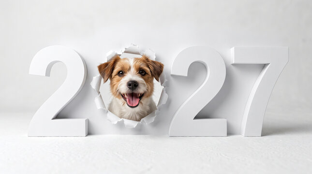 Cute Jack Russell Terrier dog peeking through paper hole with 2027 numbers