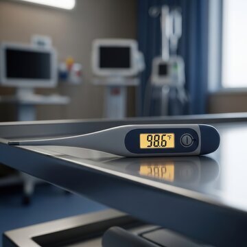 Digital medical thermometer displaying 98.6 degrees Fahrenheit resting on a metallic surface in a clinical setting