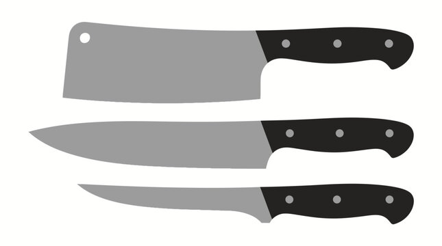 Professional Meat Preparation Set with Stainless Steel Cleaver, Butcher Knife and Boning Knife, Premium White Background Vector Illustration