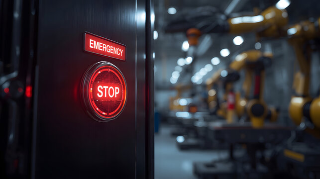 Emergency Stop Button: A glowing red emergency stop button is illuminated on a control panel, signaling a halt in industrial machinery with robotic arms in the background
