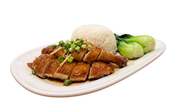 Roasted soy sauce chicken with steamed rice, traditional Cantonese poultry dish with bok choy, savory Asian meal on white plate