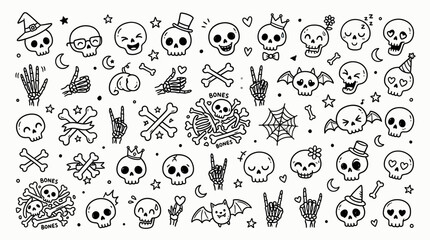 Cute Halloween doodle skulls and bones vector set, hand drawn cartoon skeleton elements, spooky line art icons for stickers and patterns © sajjadhossain