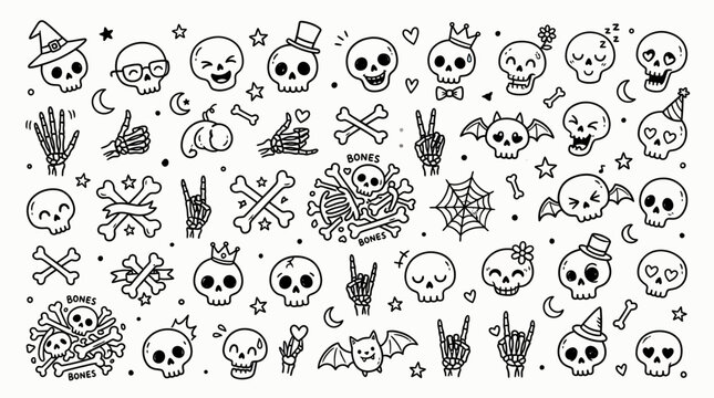 Cute Halloween doodle skulls and bones vector set, hand drawn cartoon skeleton elements, spooky line art icons for stickers and patterns