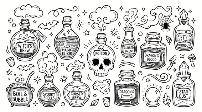 Witchcraft potion bottles doodle set, magic elixir and poison skull vector icons, spooky Halloween line art elements