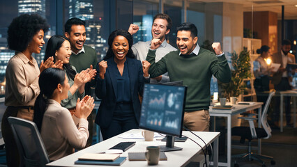 Obraz premium A diverse team of young business professionals celebrating a major achievement in a modern office at night, enthusiastically raising their fists in victory after reaching an important business goal. 