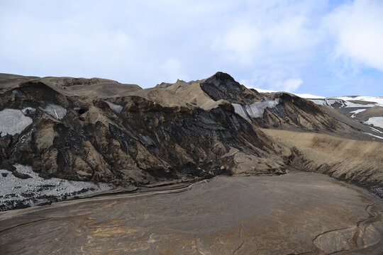 Volcanic caldera ridges barren brown terrain blue sky antarctica