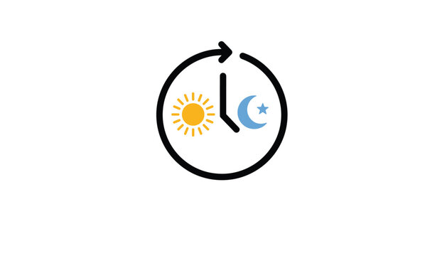 Simple round clock icon indicating a full twenty four hour cycle with a bright sun and a glowing crescent moon.