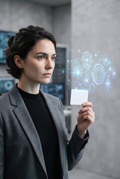 Businesswoman using digital access card with futuristic security interface