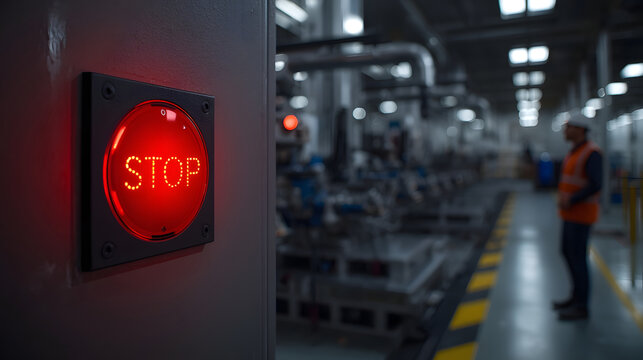 Emergency Stop Button in Industrial Facility: A bright red STOP button glows ominously on a control panel, signaling an immediate halt within a vast, automated industrial facility.