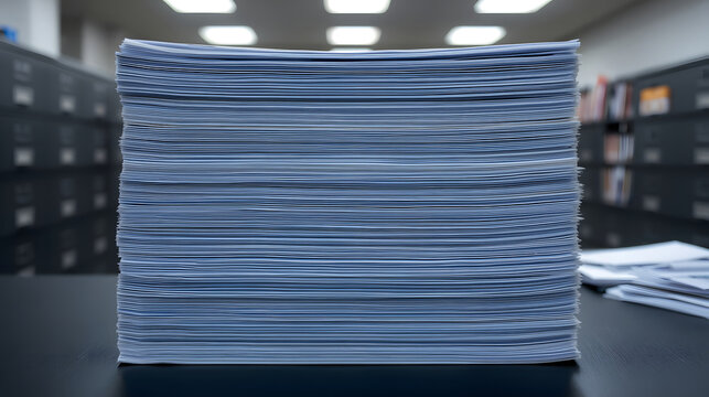 Stacked Paperwork on Desk: A tall stack of documents sits on a dark desk in an office environment, with filing cabinets in the background, representing the overwhelming nature of administrative tasks.