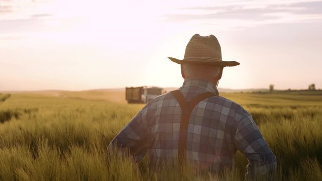 Rear three-quarter view of older male farmer standing in tall golden wheat at sunset, wearing woven straw hat, blue plaid shirt, and brown suspenders, hands on hips and slight head turn indicate