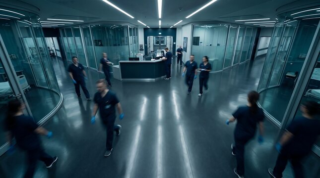 Dynamic scene of medical professionals moving swiftly through a contemporary hospital corridor, reflecting the intense and vital work in modern healthcare environments and the urgency of patient care