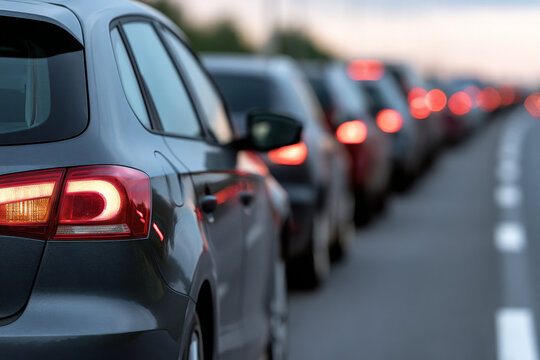 Dark gray car stands in a queue of vehicles with glowing brake lights, traffic jam, urban commute, road congestion.