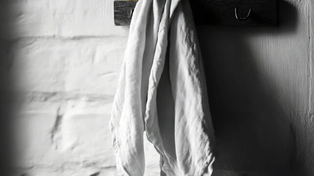Textured Linen Fabric Hanging on a Metal Hook against a Stone Wall in Monochrome